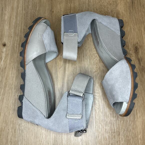 SOREL WOMENS 8.5 JOANIE II SANDAL ANKLE STRAP LEATHER WEDGE GRAY LEATHER ZIP - Picture 7 of 9